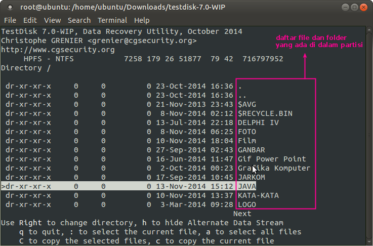 daftar file dan folder dalam partisi