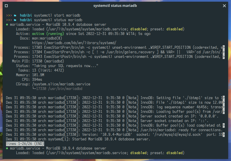 Aktifkan daemon service MariaDB